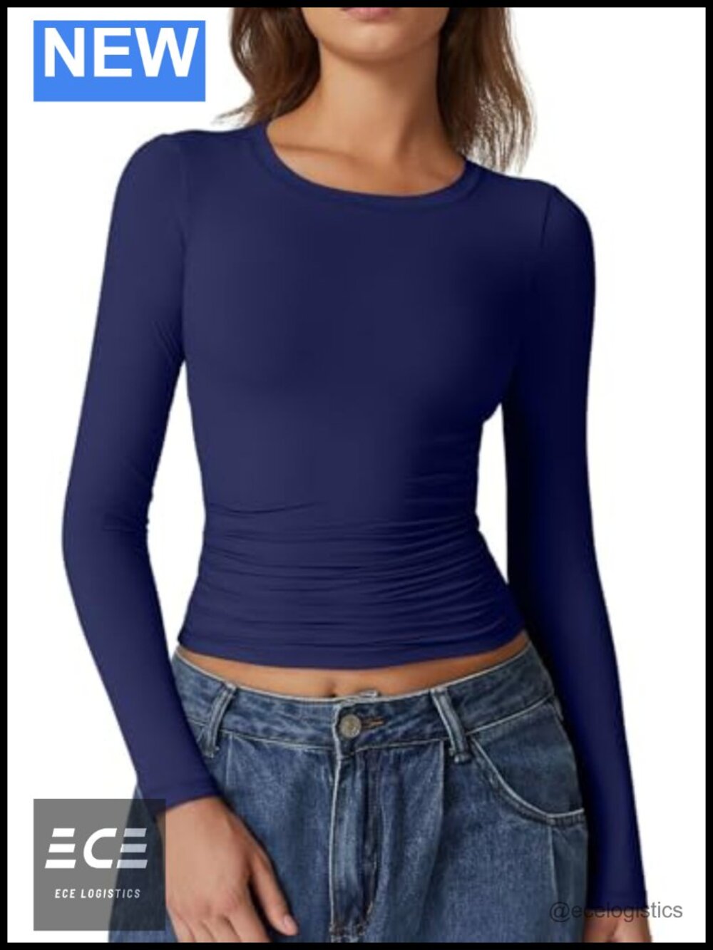 QINSEN Women's Double Lined Crewneck Long Sleeve Ruched Crop Top